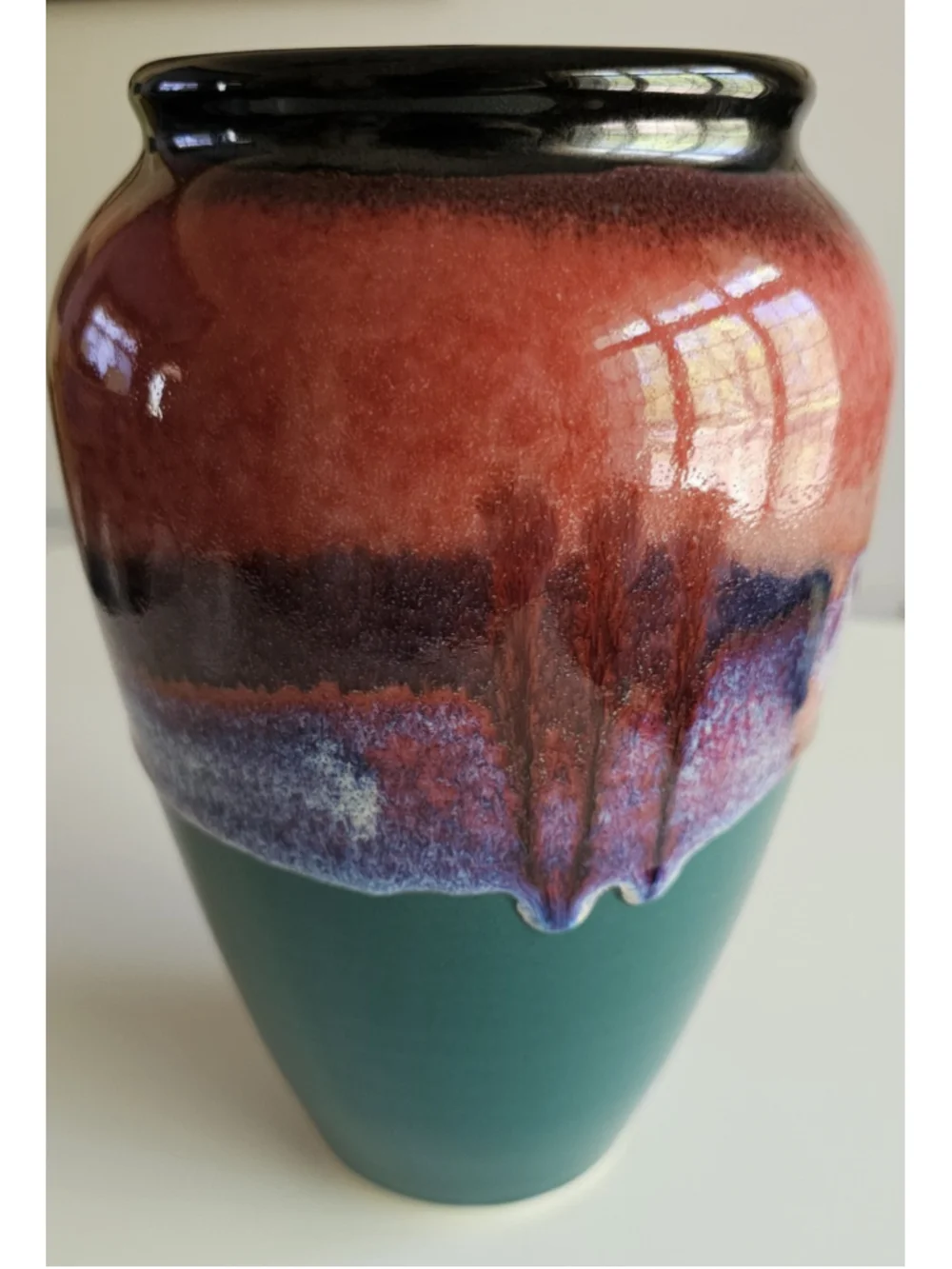 Vintage Studio Pottery Glazed Ceramic Vase - MCM Drip Glaze Teal - Signed 9